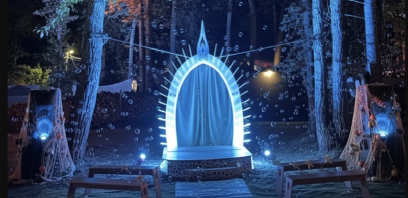 Deep Union, a lit ceremonial arch at night with people gathered underneath at Bass Coast festival