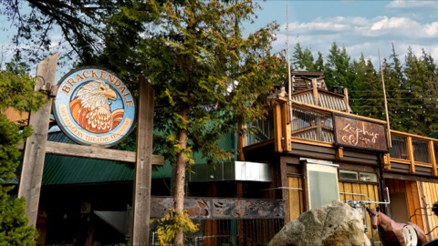 The Brackendale Art Gallery sign, a painted eagle on a round wooden board, in front of the timber building and cedars
