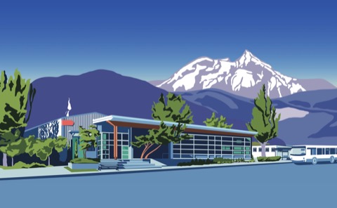 An illustration of Squamish Public Library, a low modern building with evergreens and the mountains behind it
